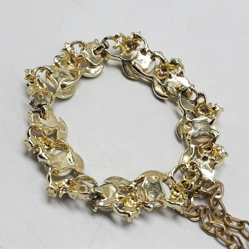 Vintage Gold Tone Necklace With Black Enamel White MOP Floral Design